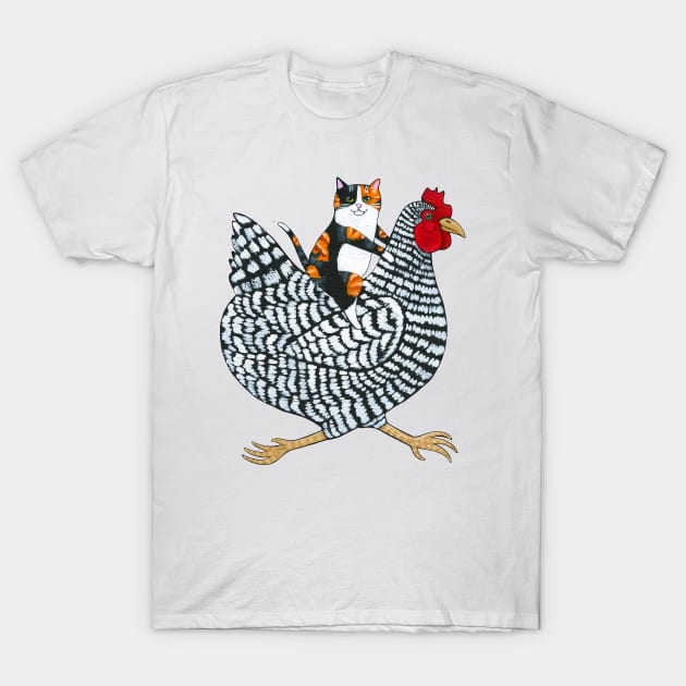 Calico Cat Chicken Ride T-Shirt by KilkennyCat Art